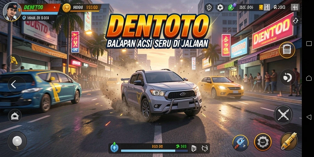 Screenshot gameplay DENTOTO dengan balapan seru di trek menantang.