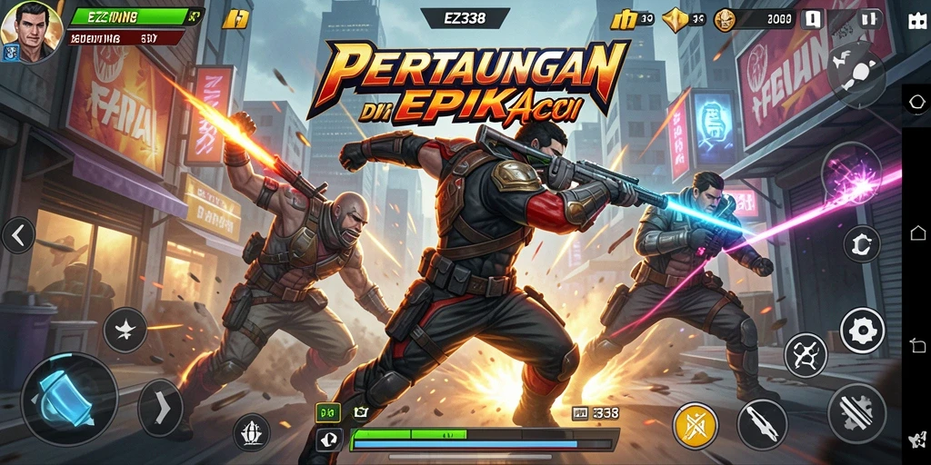 Screenshot utama EZ338 menampilkan aksi seru dalam pertempuran.