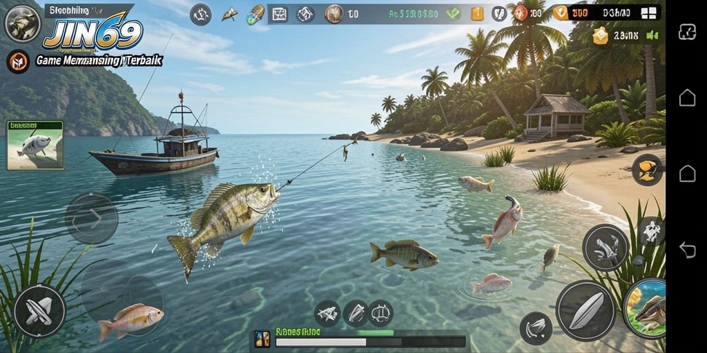 Screenshot gameplay JIN69 dengan pemandangan memancing yang indah.