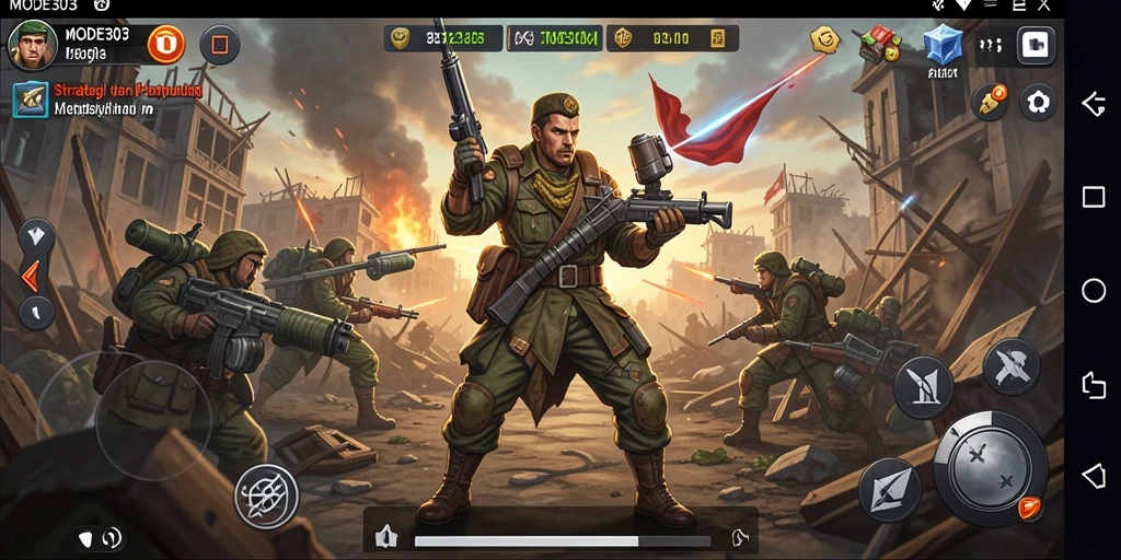Screenshot gameplay MODE303 menampilkan aksi pertempuran epik dalam strategi.