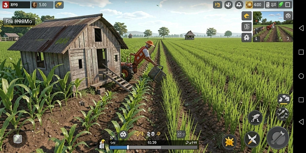 Screenshot gameplay RP99 menampilkan petani yang sedang merawat ladangnya.
