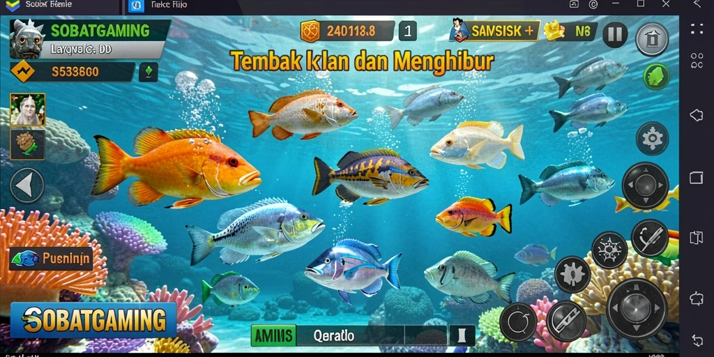 Screenshot gameplay SOBATGAMING menampilkan aksi seru tembak ikan.
